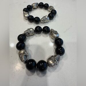 Halloween Black and Silver Skull Bead Bracelet Set